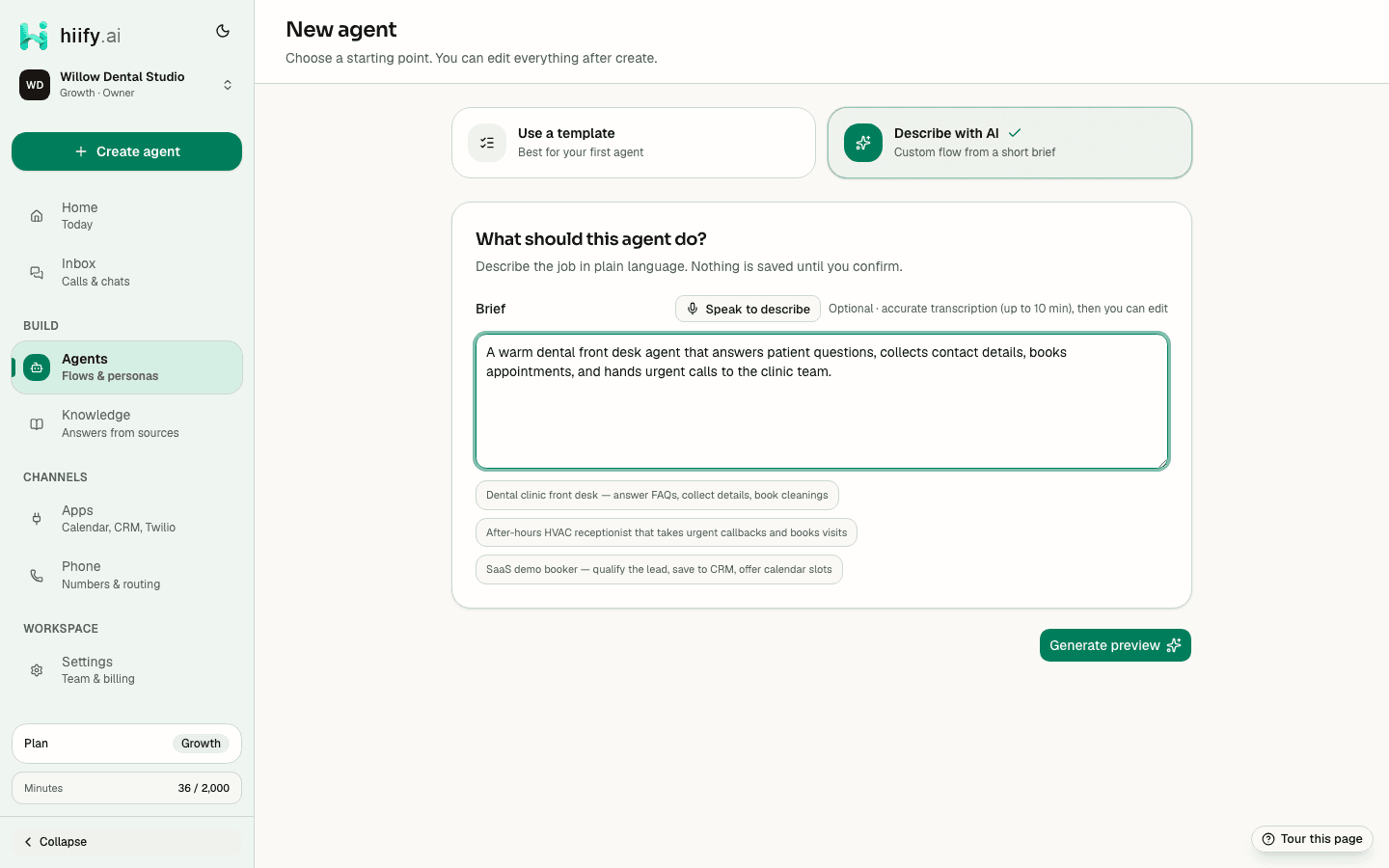 hiify.ai new-agent screen with the Create with AI option and a field for describing the agent
